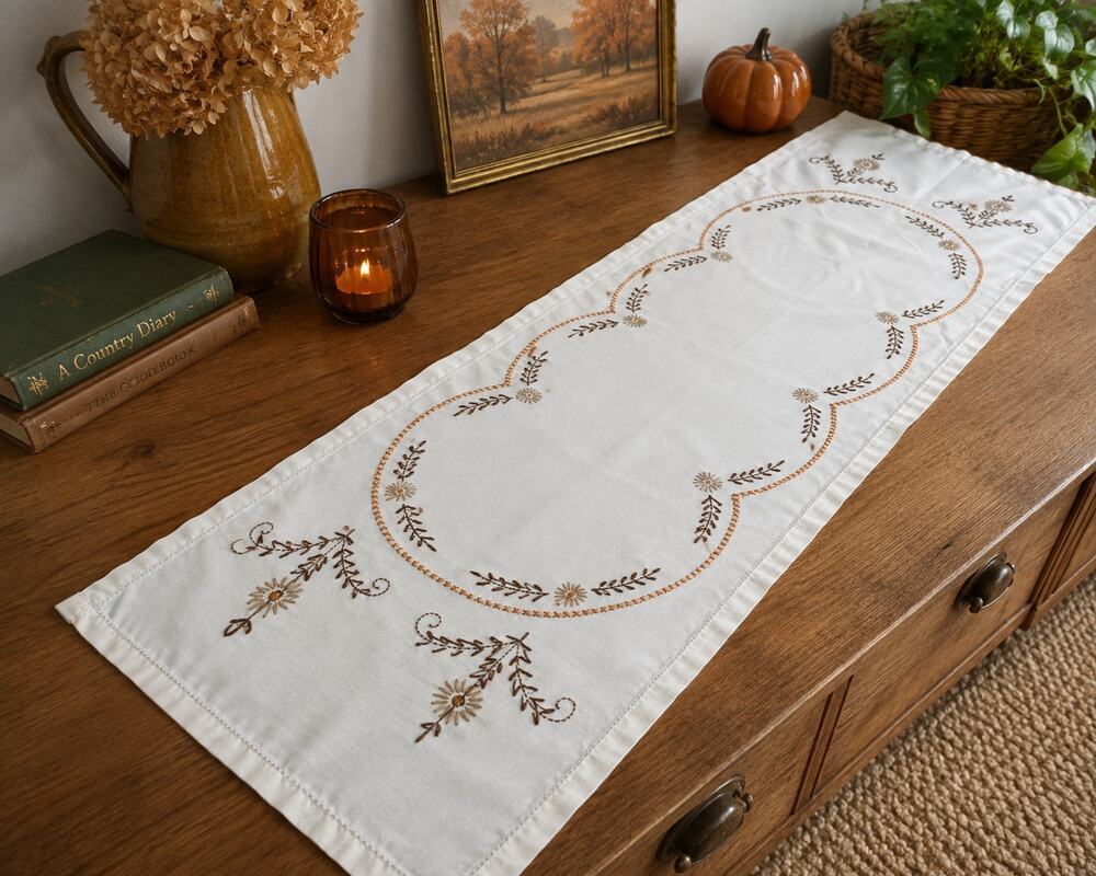 Vintage 1970s Embroidered Table Runner Dresser Scarf Fall Harvest Linens